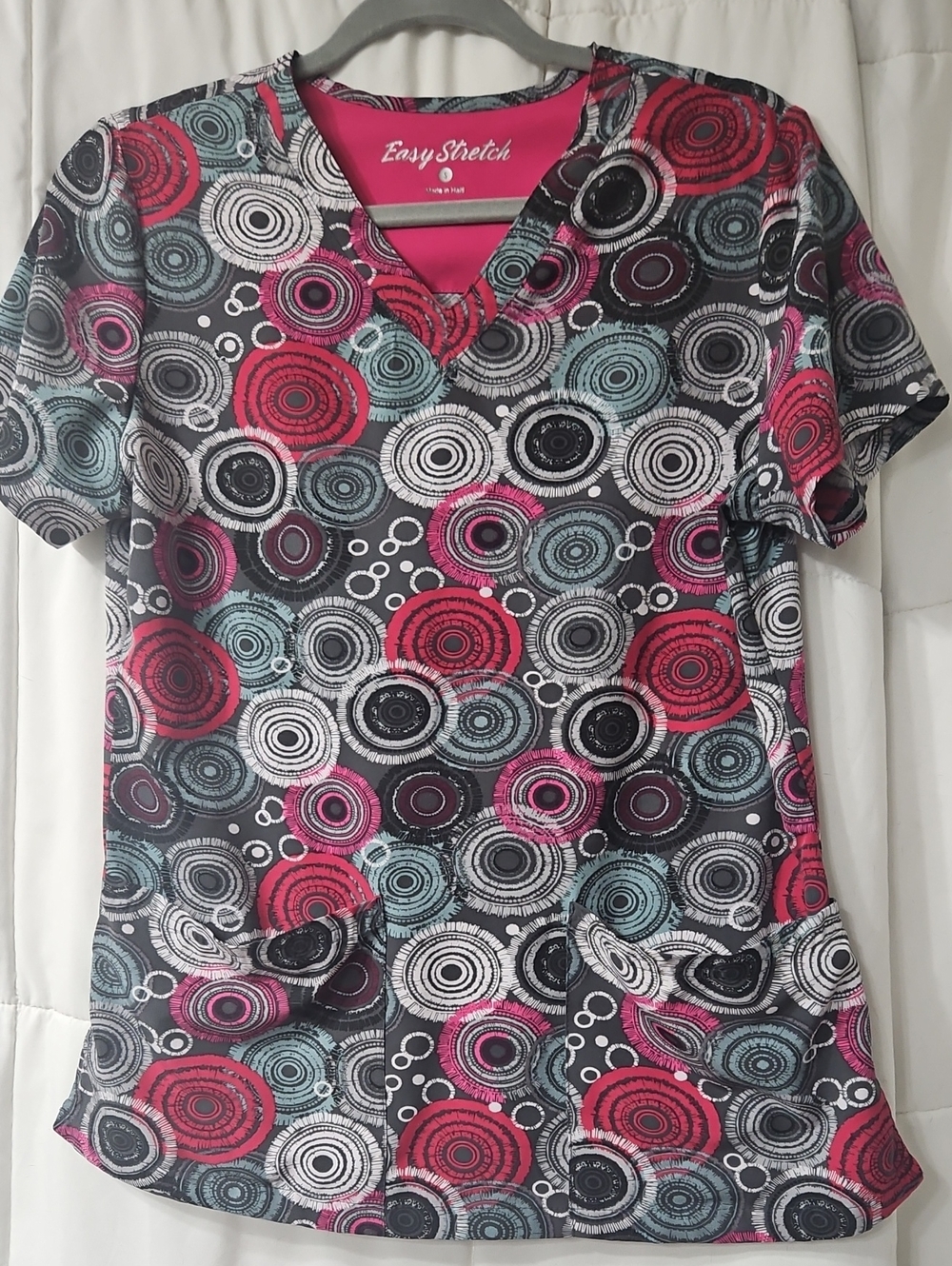 Women's V-Neck Printed Scrub Top in Pink, Teal & Black